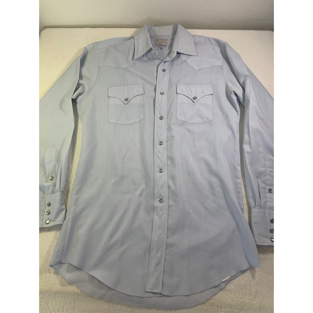 Vintage H Bar C Ranchwear Mens Western Pearl Snap Shirt Blue Long Tail USA 21x33